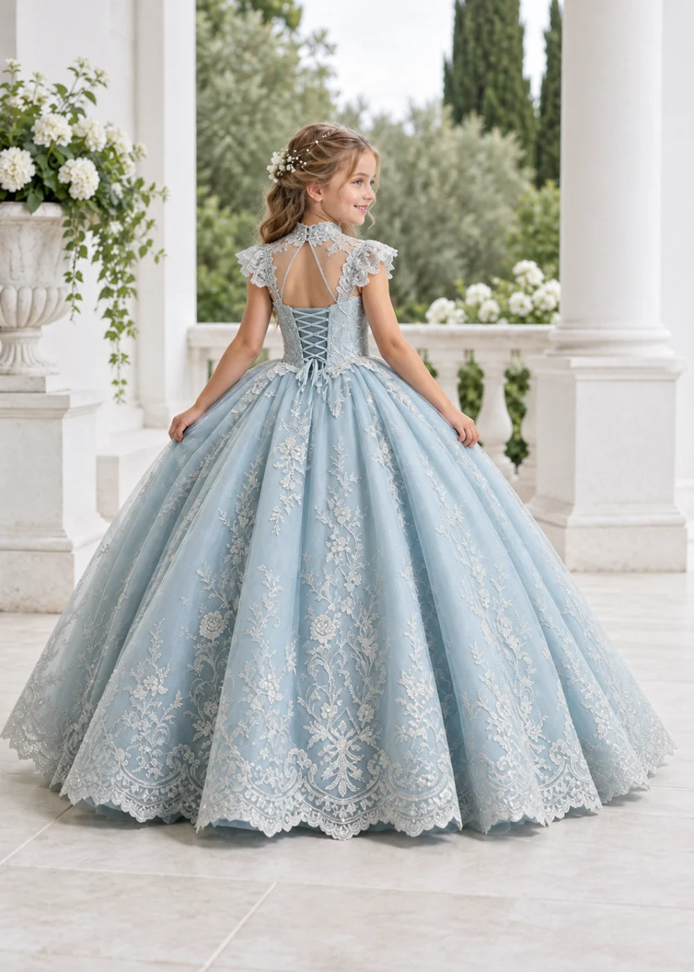 Pale Silver-Gray Blue Flower Girl Ball Gown with High Floral Collar