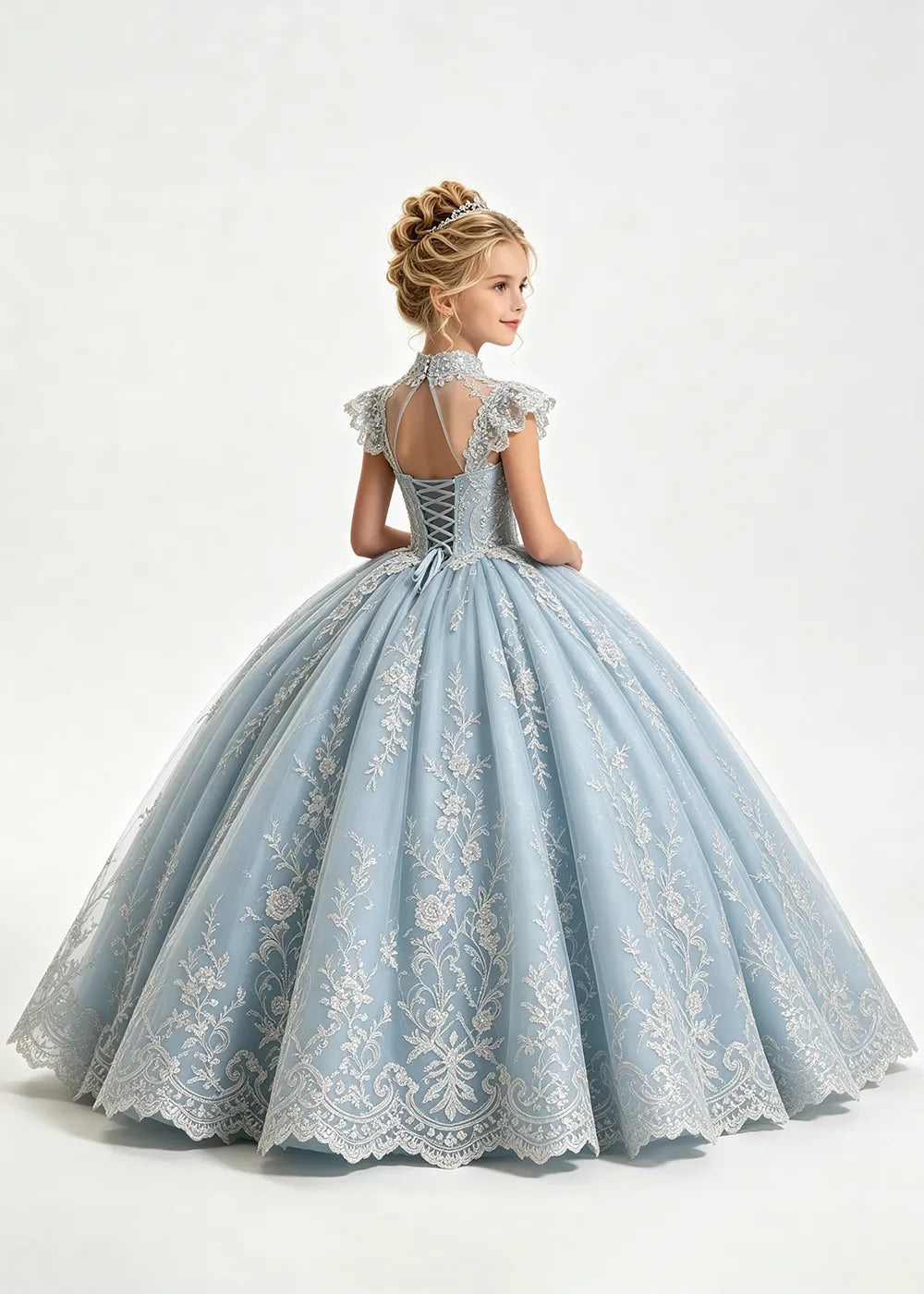 Pale Silver-Gray Blue Flower Girl Ball Gown with High Floral Collar