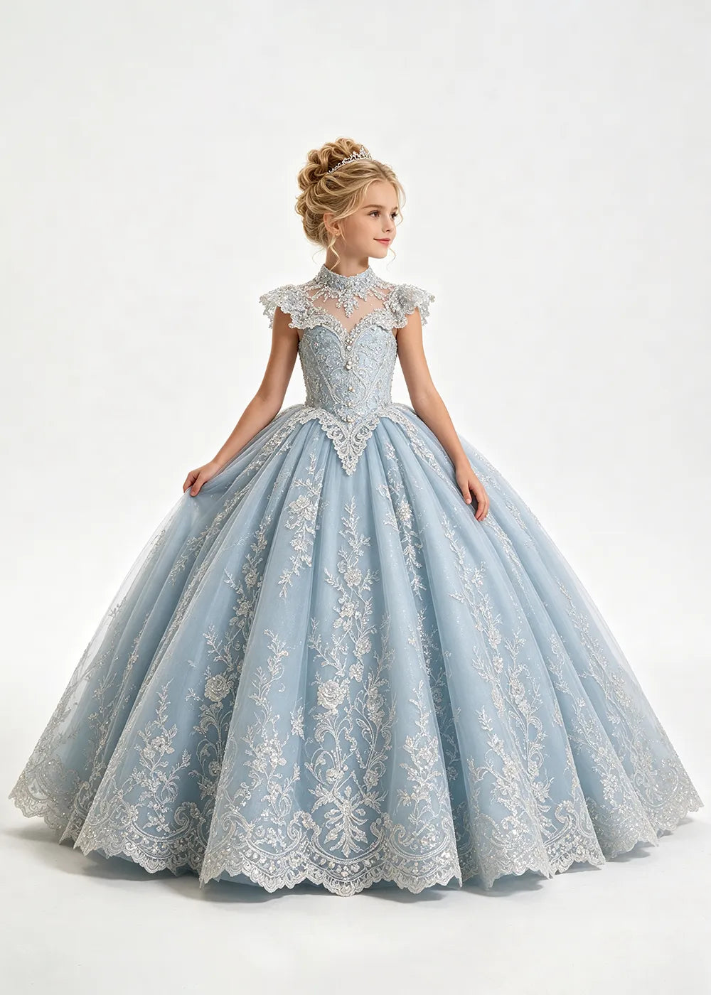 Pale Silver-Gray Blue Flower Girl Ball Gown with High Floral Collar