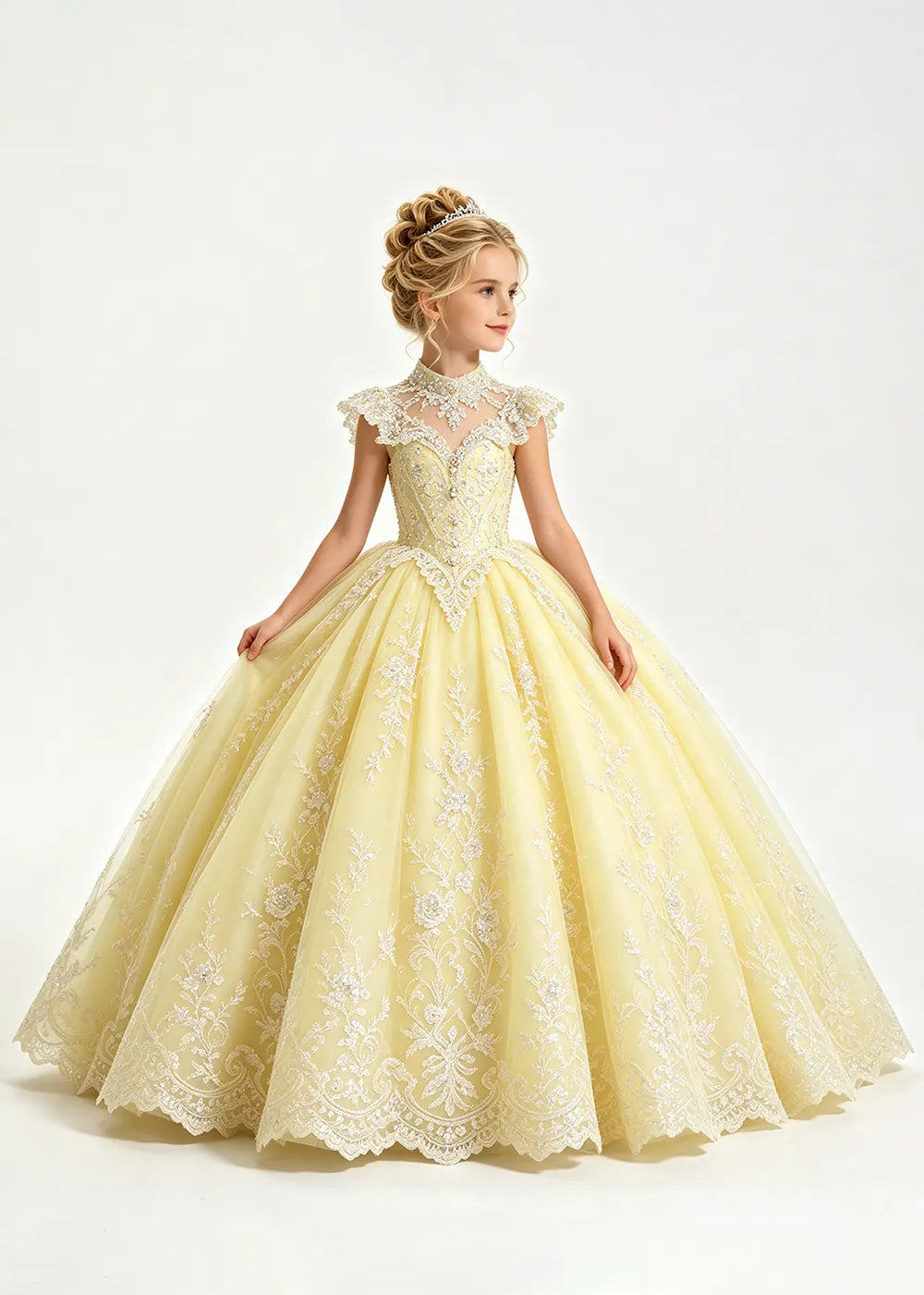 Pale Silver-Gray Blue Flower Girl Ball Gown with High Floral Collar