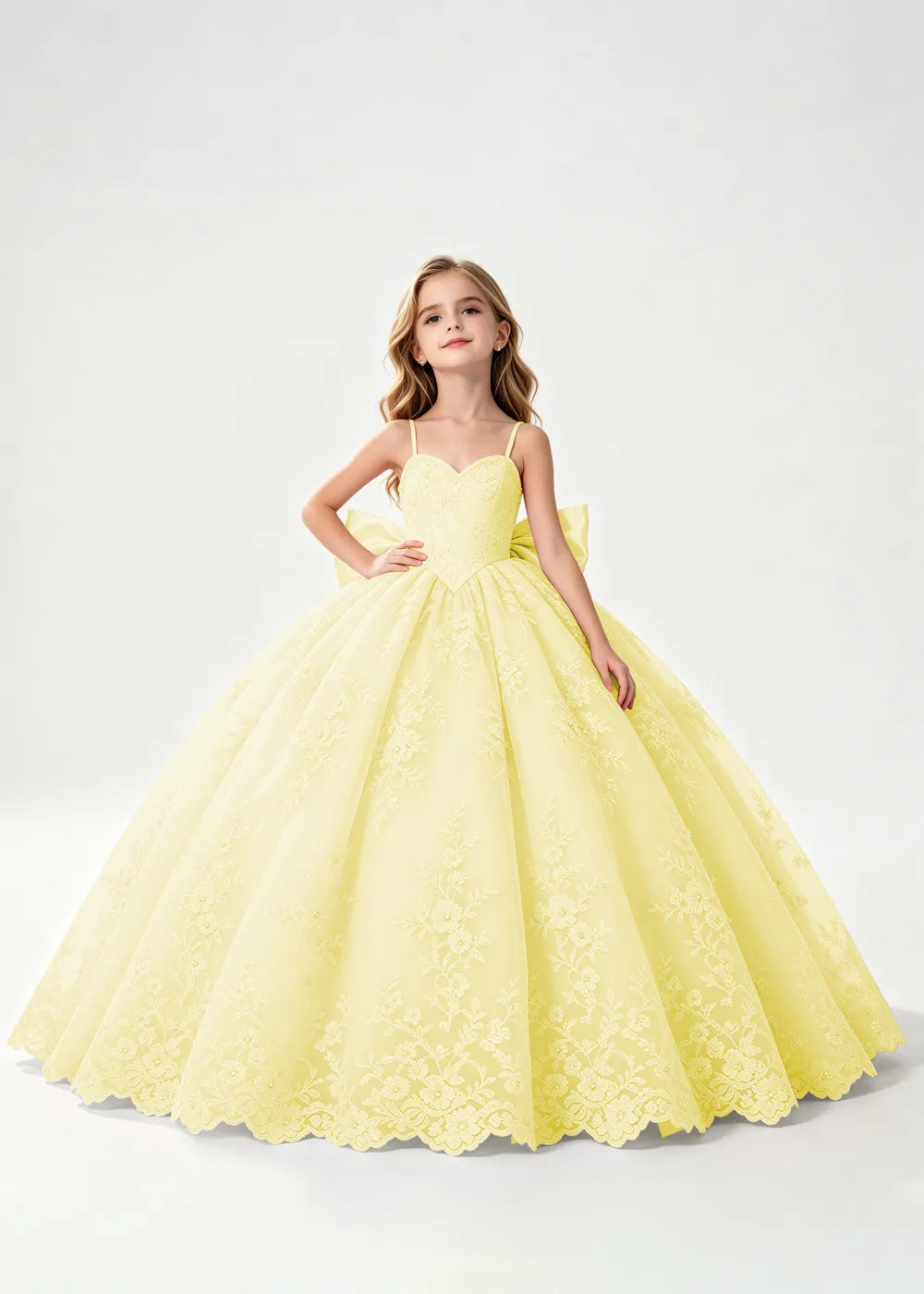 Flower girl dress in Pale Yellow, front view.
