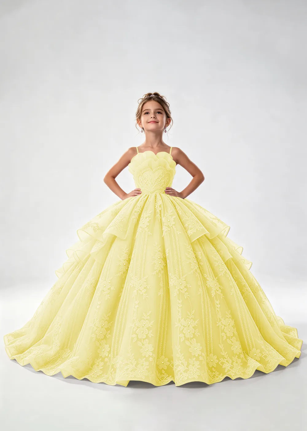 Flower girl dress in Pale Yellow, front view.