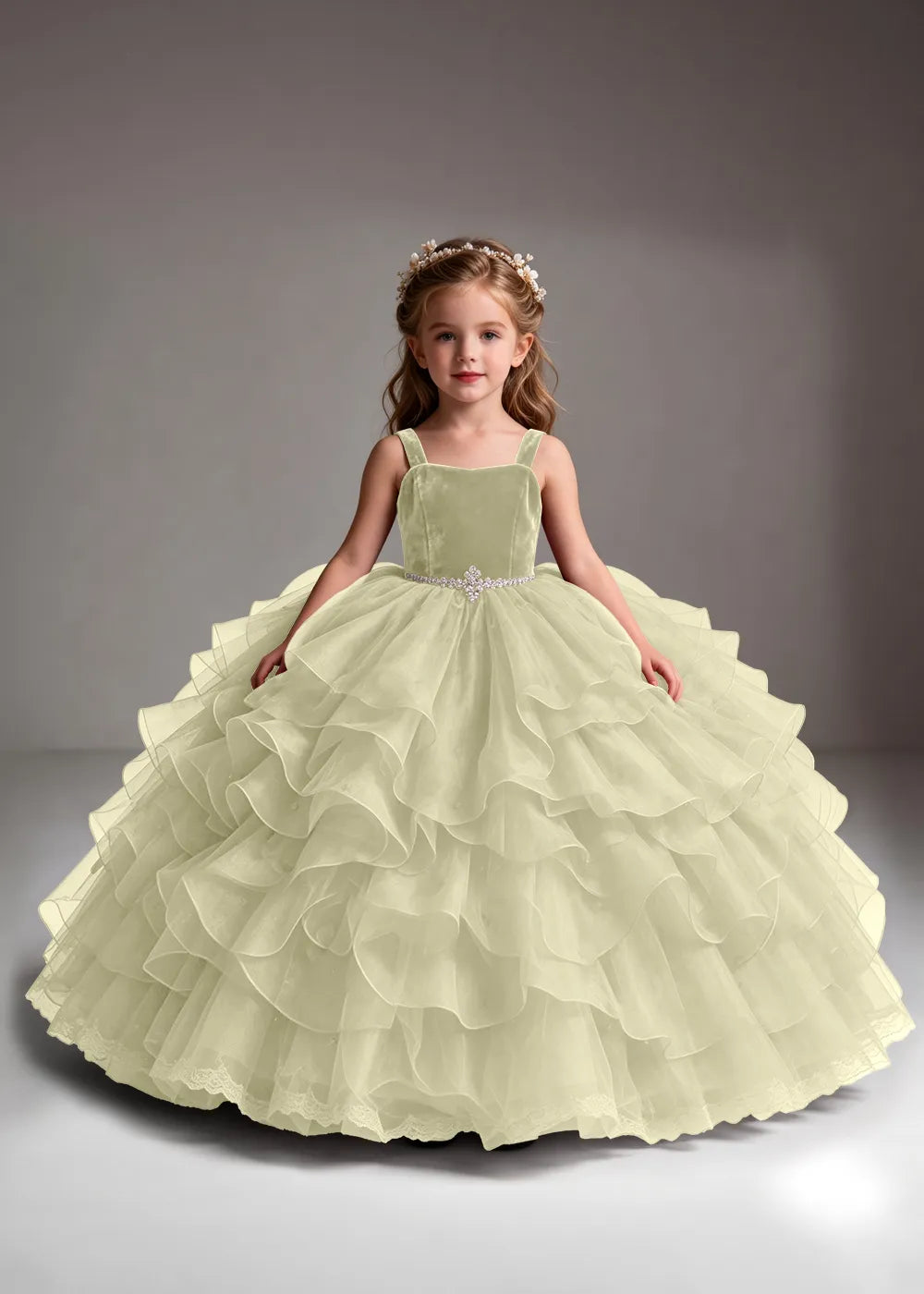 White Flower Girl Dress with Cascading Ruffles and a Square Neckline
