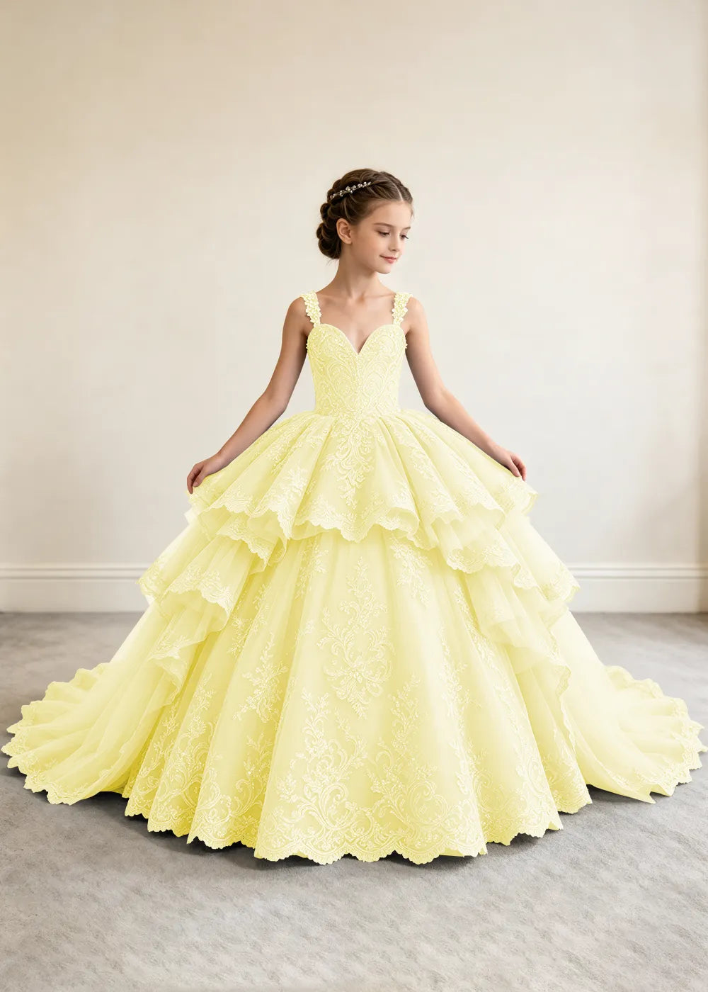 V-Neck Tiered Lace Flower Girl Ball Gown Dress