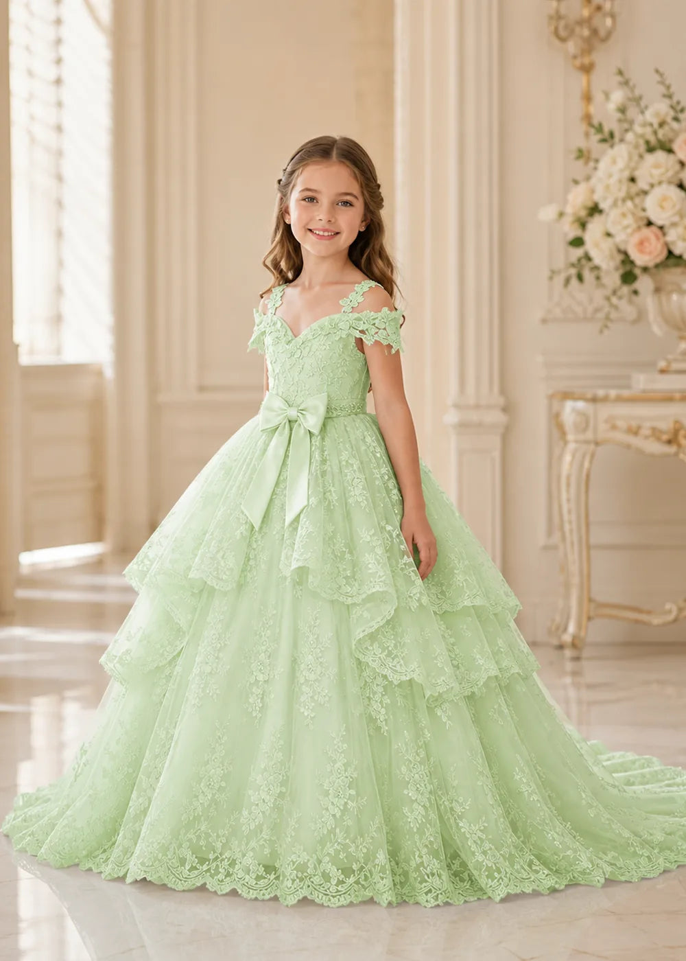 Bow Waist Floral Lace Princess Dress for Girls