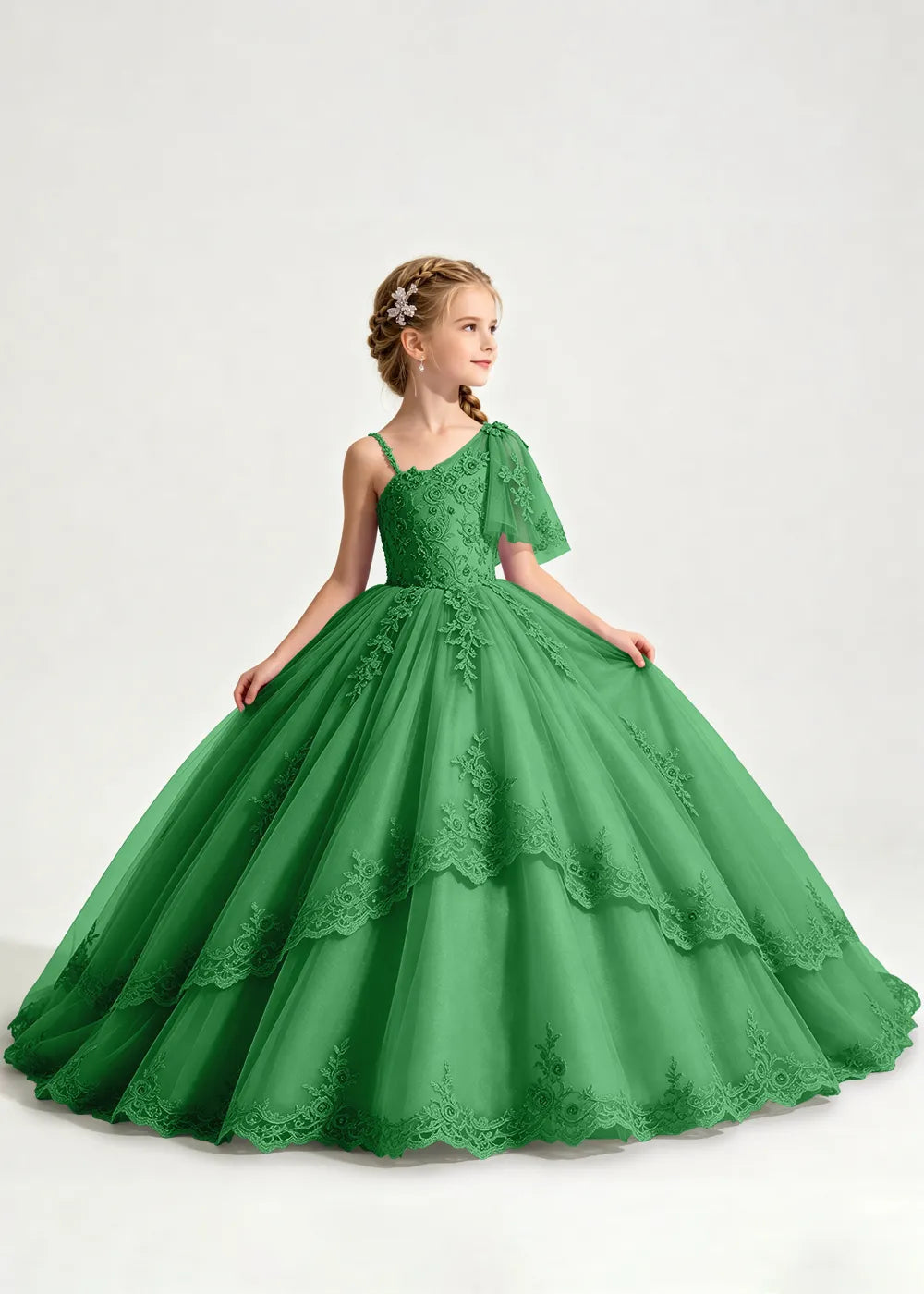 One-Shoulder Floral Lace Flower Girl Ball Gown Dress