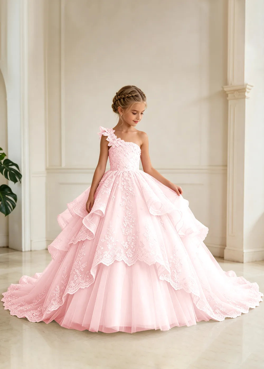 Floral Strap Tiered Lace Princess Dress for Girls