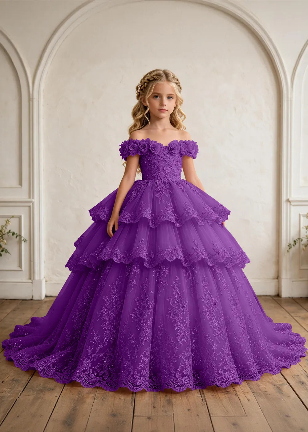 Off Shoulder Tiered Lace Flower Girl Ball Gown Dress