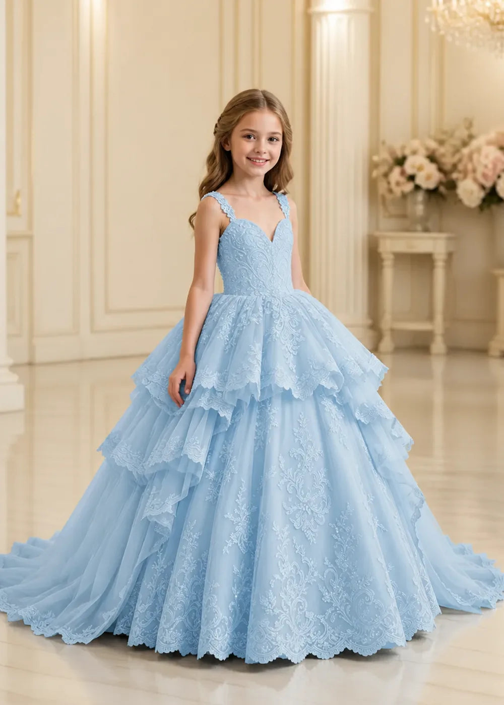 V-Neck Tiered Lace Princess Dress for Girls