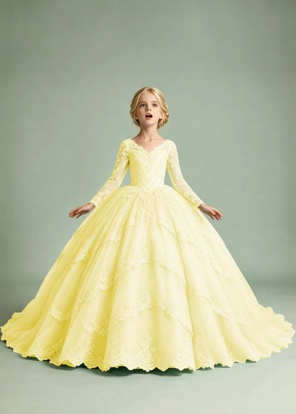 Long Sleeve Floral Lace Flower Girl Ball Gown Dress