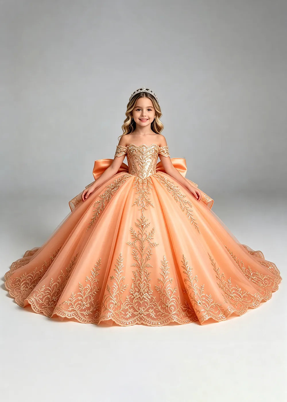 Off-Shoulder Lace Flower Girl Dress with Bow and Scalloped Hem