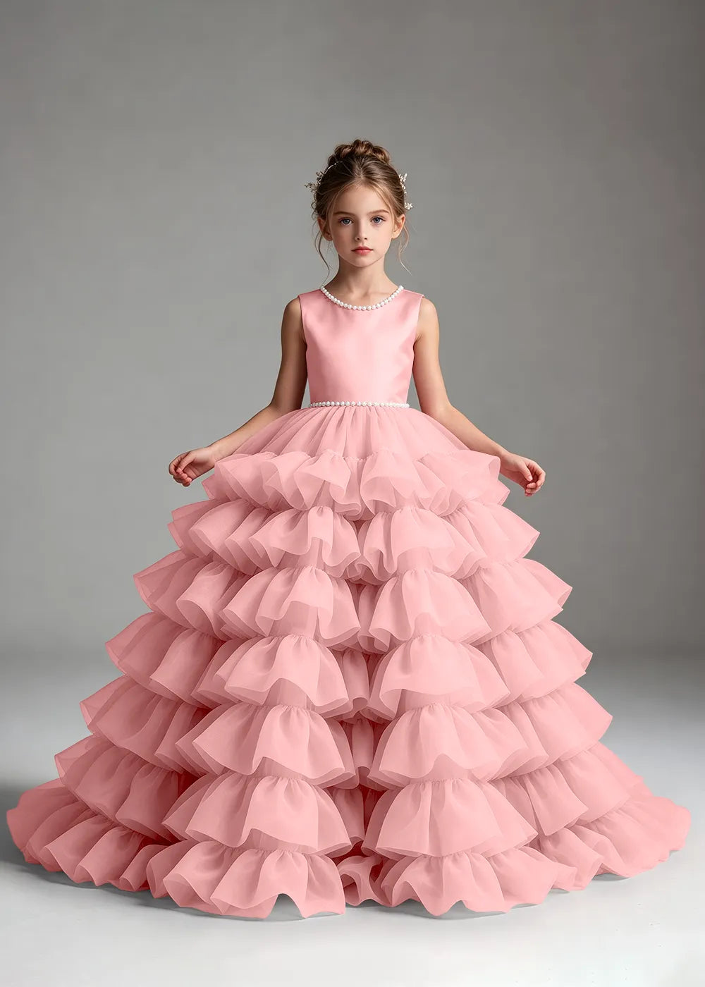 Pink Pearl-Trimmed Tiered Ruffle Flower Girl Dress