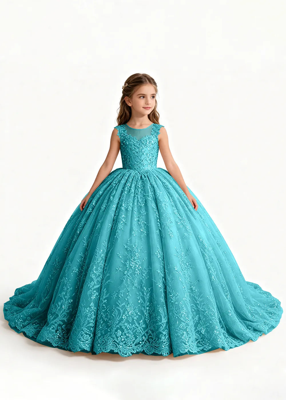 Navy Sleeveless Flower Girl Gown with Scalloped Train