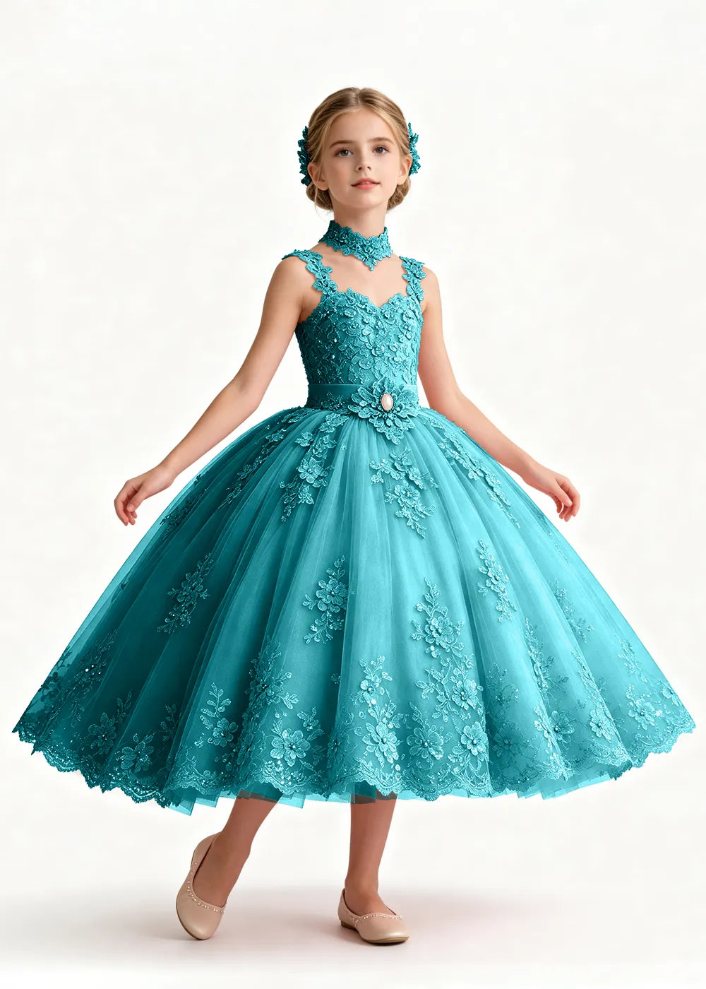 Navy Tea-Length Flower Girl Gown with Floral Neck Band