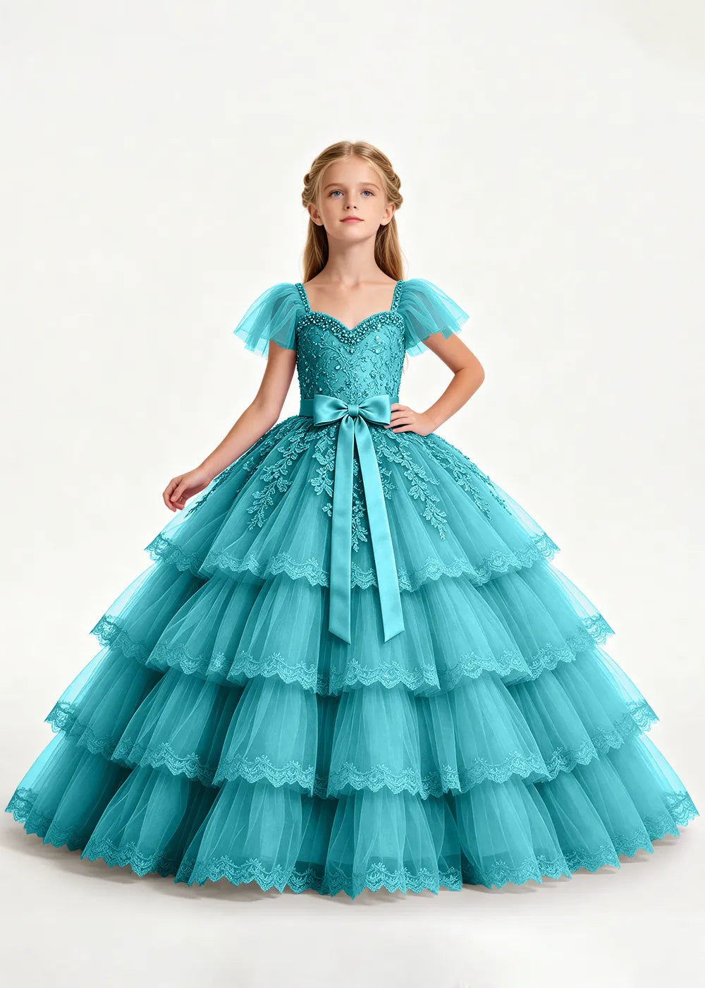 Navy Four-Tier Flower Girl Gown with Front Bow