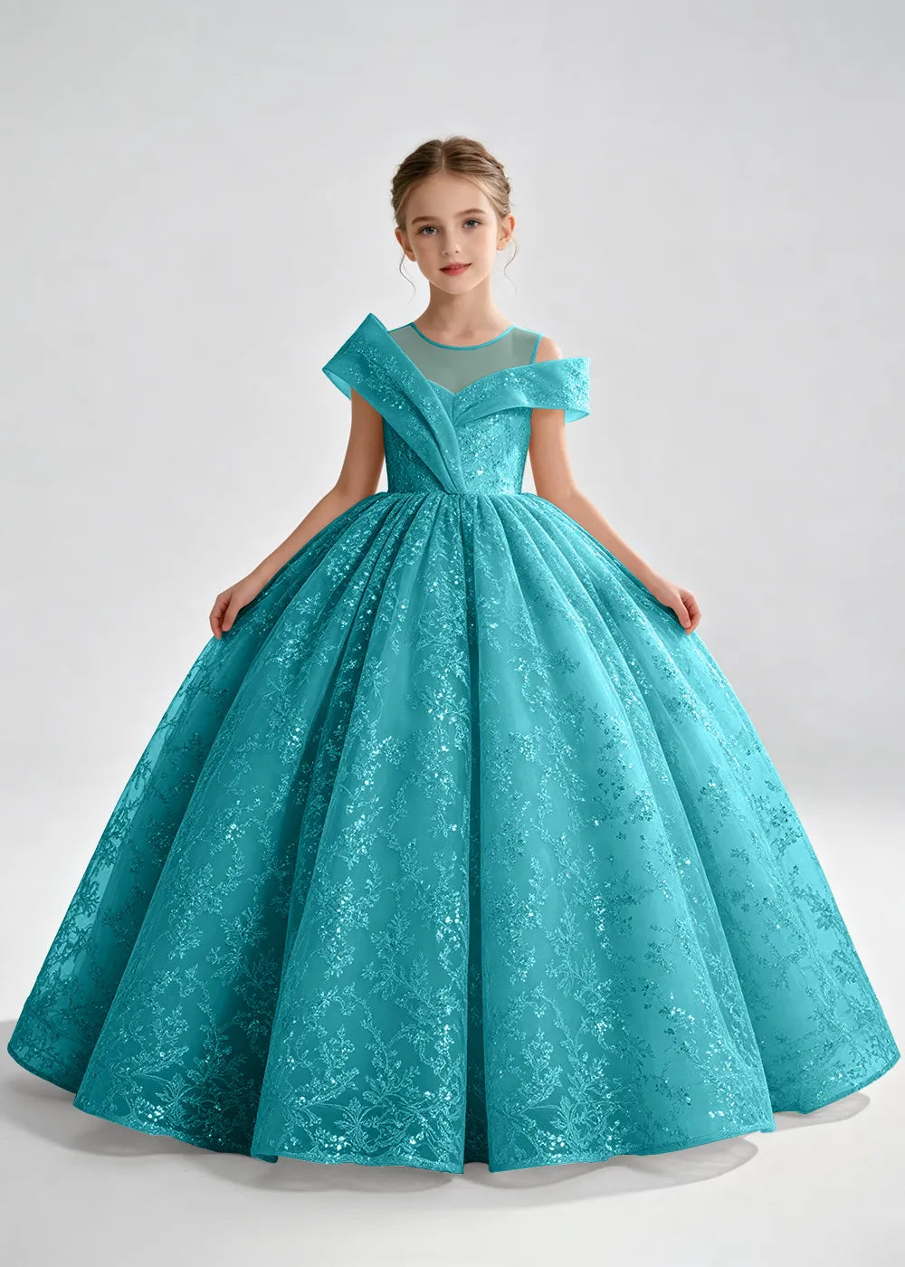 Navy Blue Illusion-Band Floral Flower Girl Dress