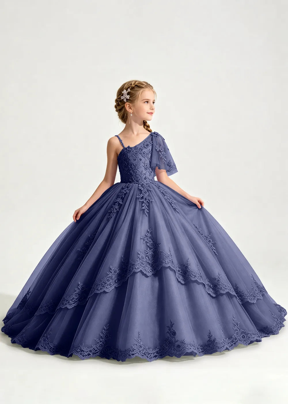 One-Shoulder Floral Lace Princess Dress for Girls