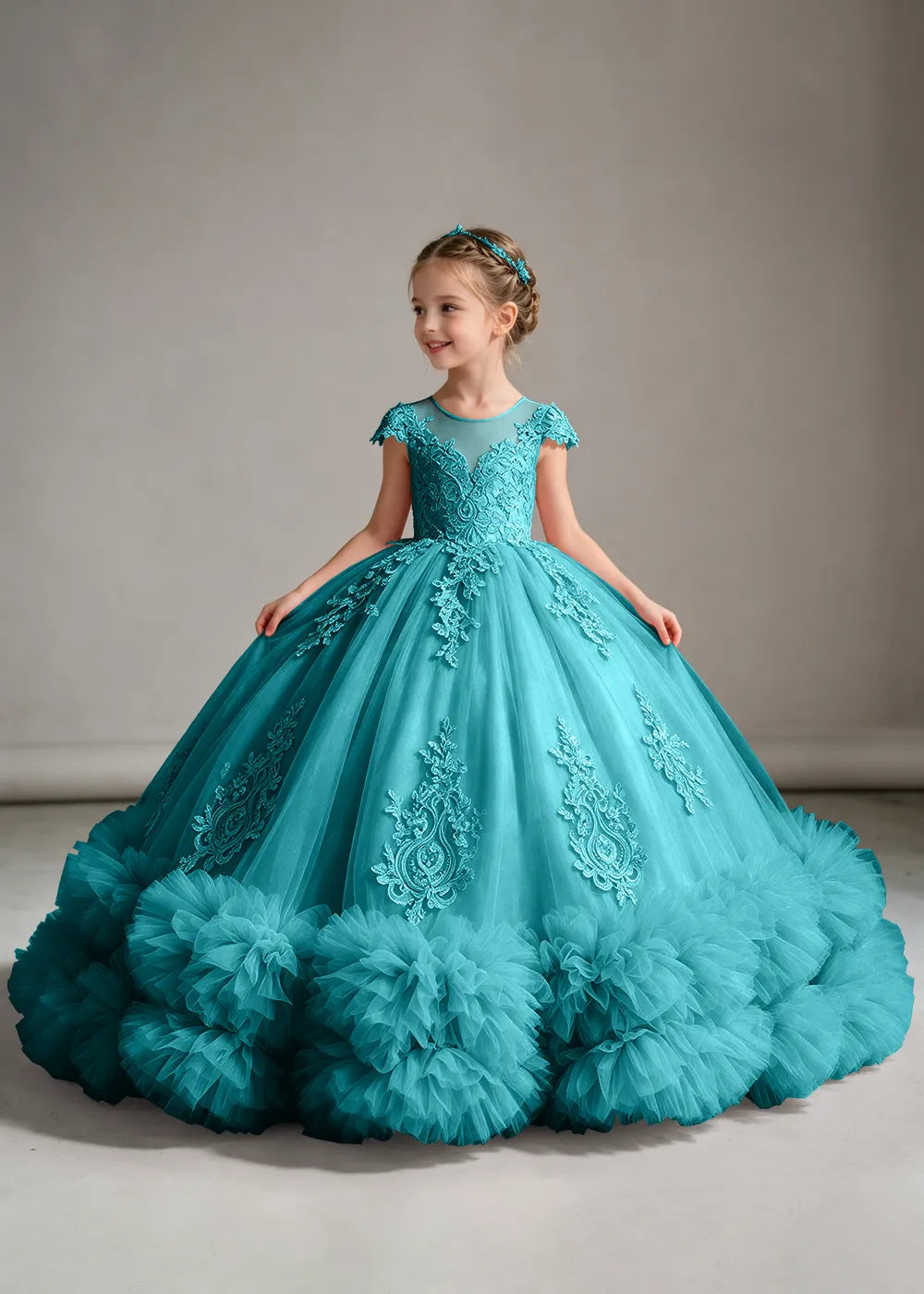Navy Flower Girl Ball Gown with Floral Bodice and Ruffle Hem