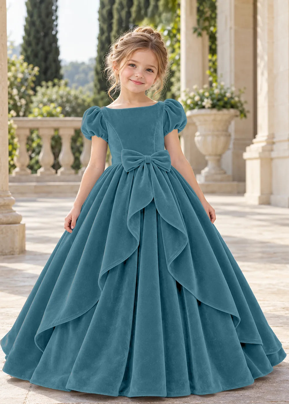 Front view of a child wearing a peacock blue flower girl dress with a square neckline, short puff sleeves and a large velvet bow above a full tiered skirt.