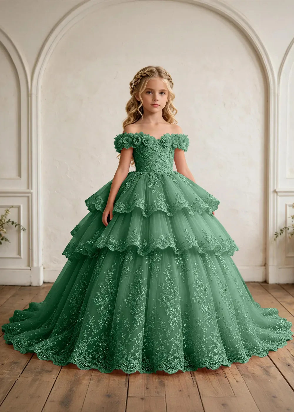 Off Shoulder Floral Lace Princess Ball Gown for Girls