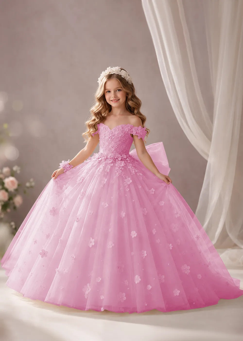 Pink Flower Girl Dress with Floral Appliques and a Full Skirt