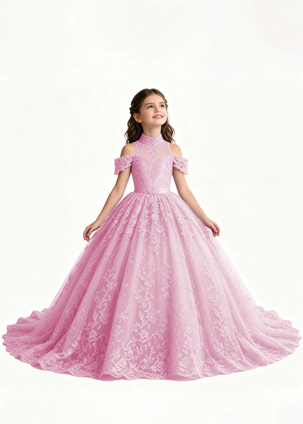 Lavender Flower Girl Gown with Floral Neckline and Train