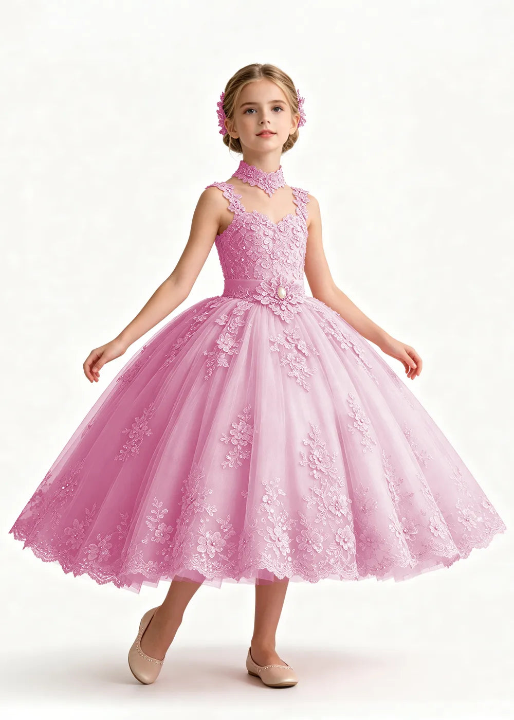 Pink Tea-Length Flower Girl Dress with Floral Neck Band