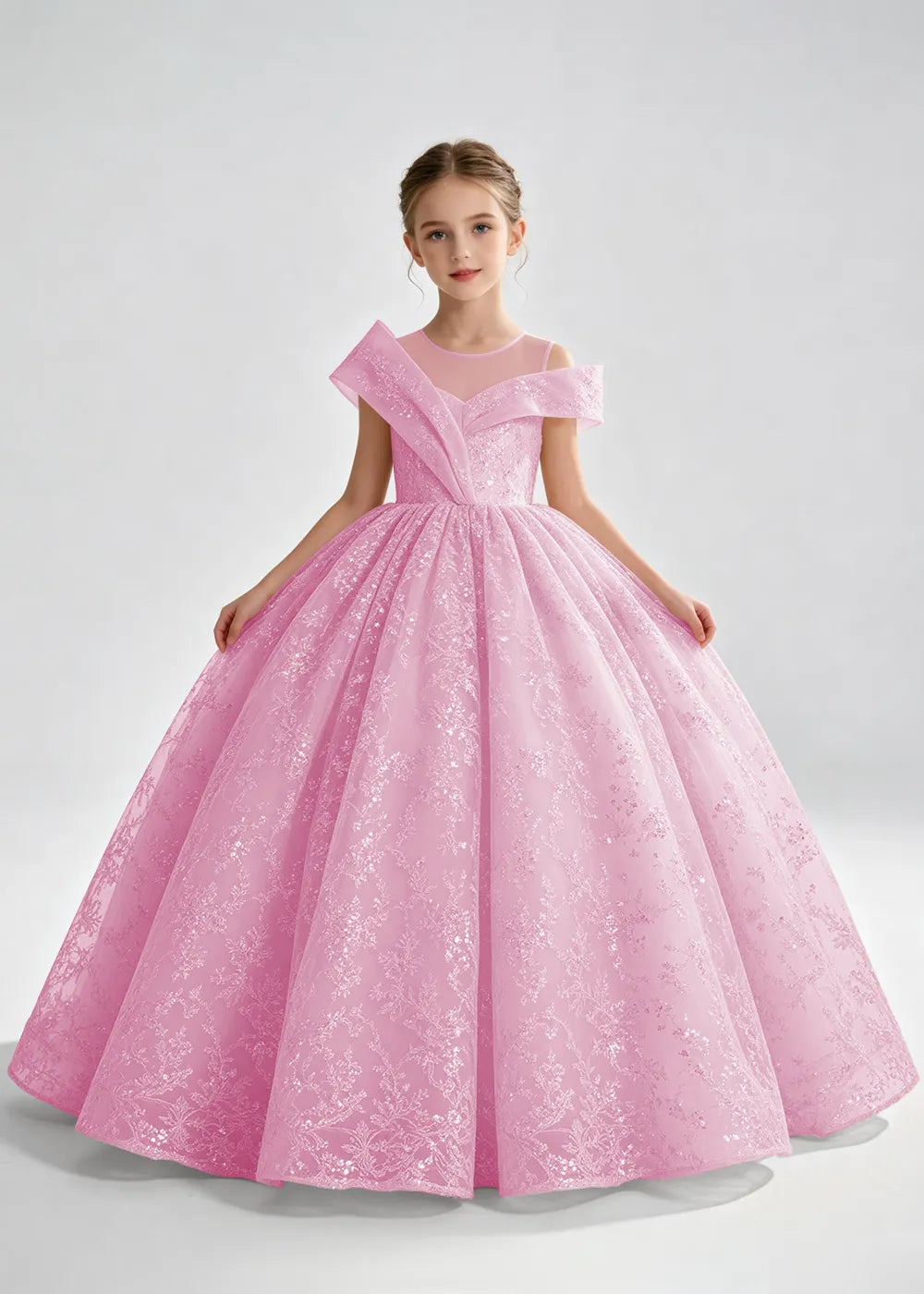 Champagne Illusion-Band Floral Flower Girl Dress