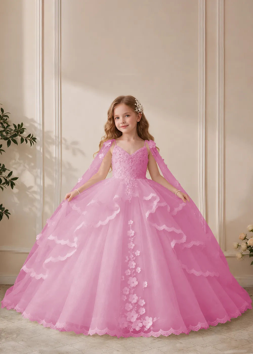 White Flower Girl Dress with Lace Ruffles and Sheer Shoulder Drapes