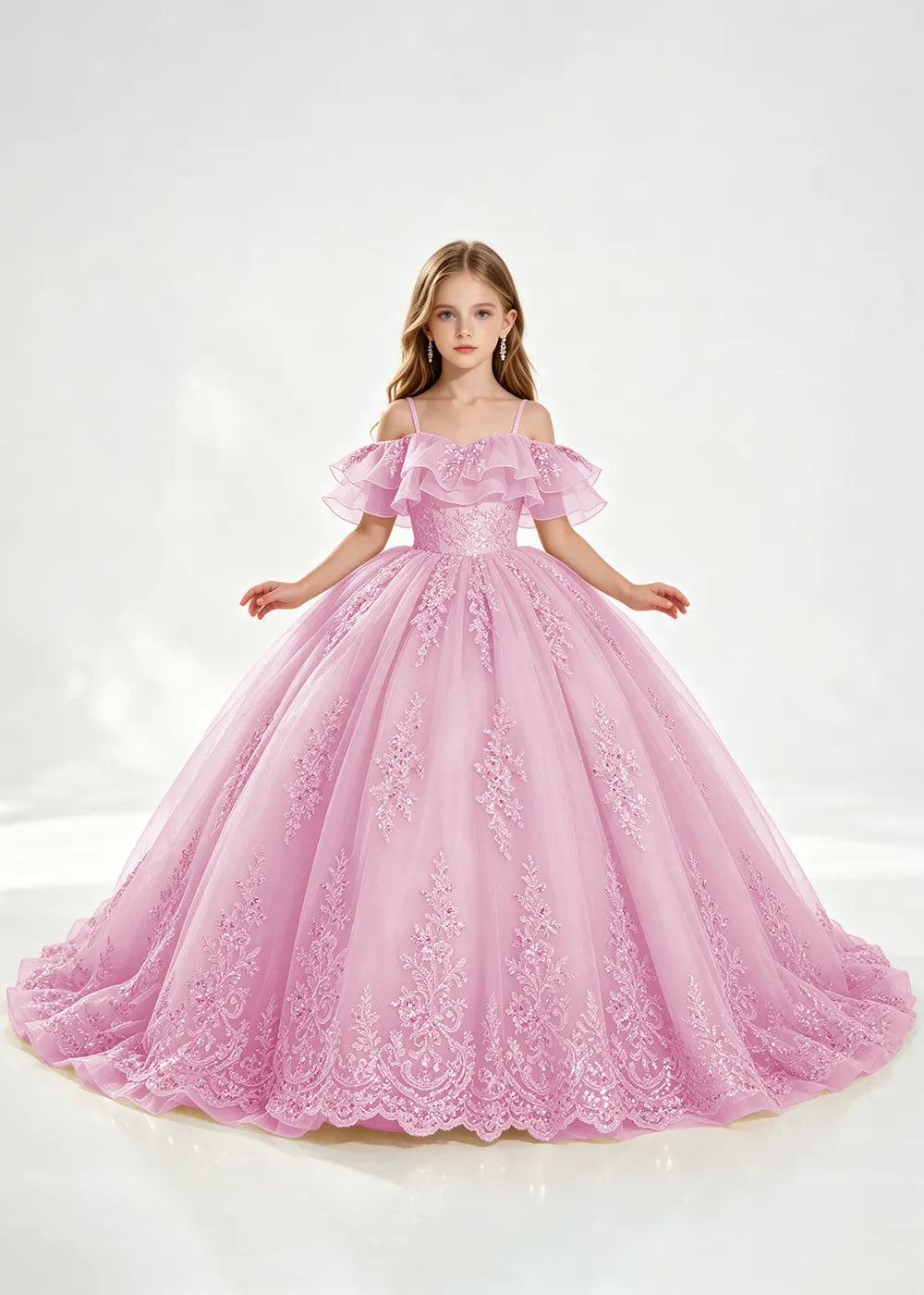 Champagne Off-Shoulder Lace-Hem Flower Girl Dress