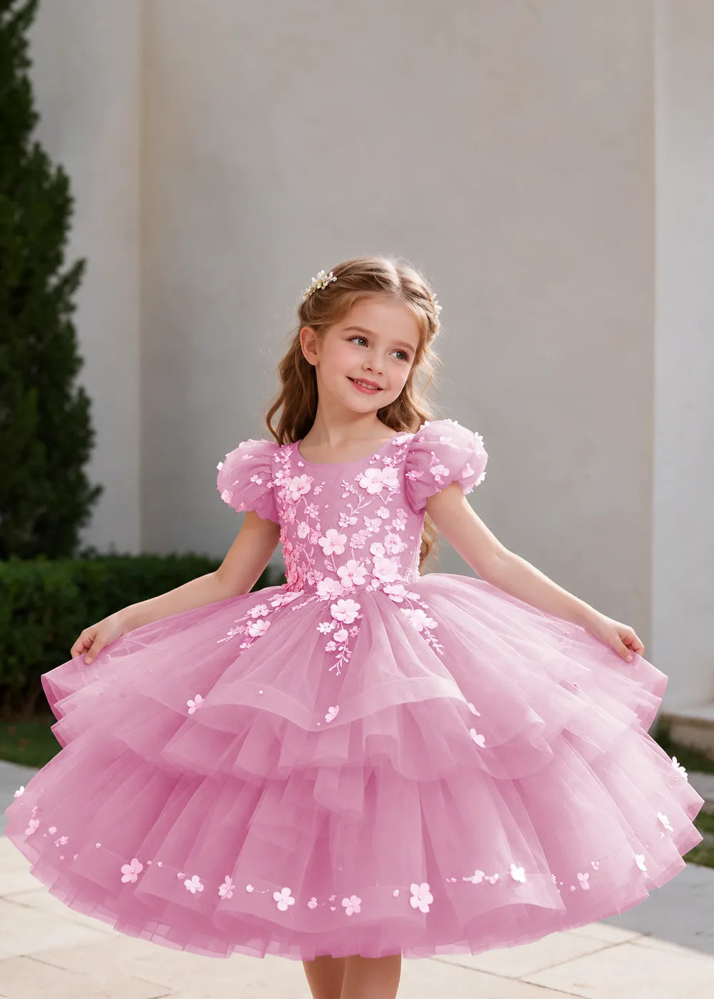 Lilac Puff-Sleeve Flower Girl Dress with Three-Tier Skirt