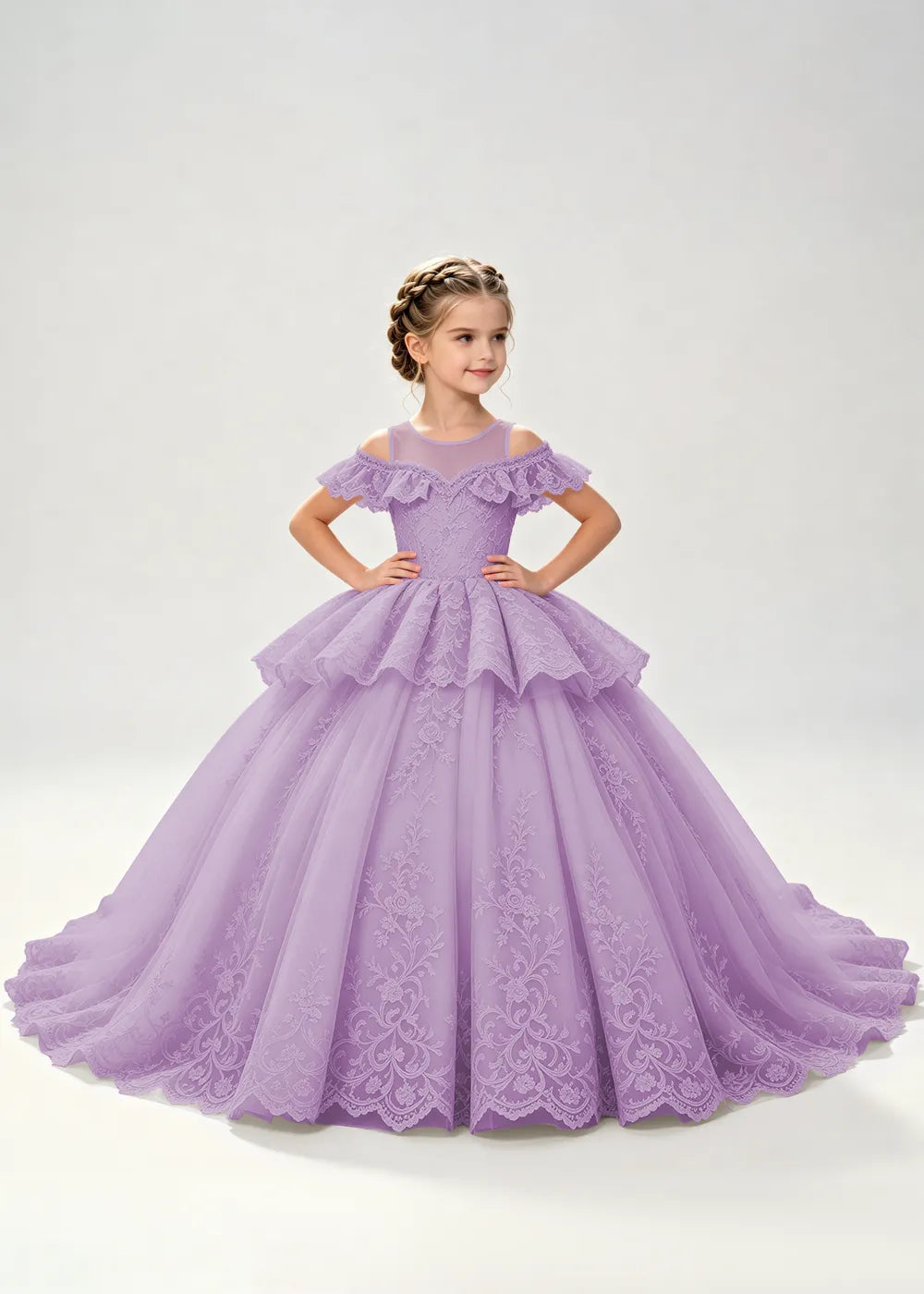 Illusion Neck Tiered Lace Flower Girl Ball Gown Dress
