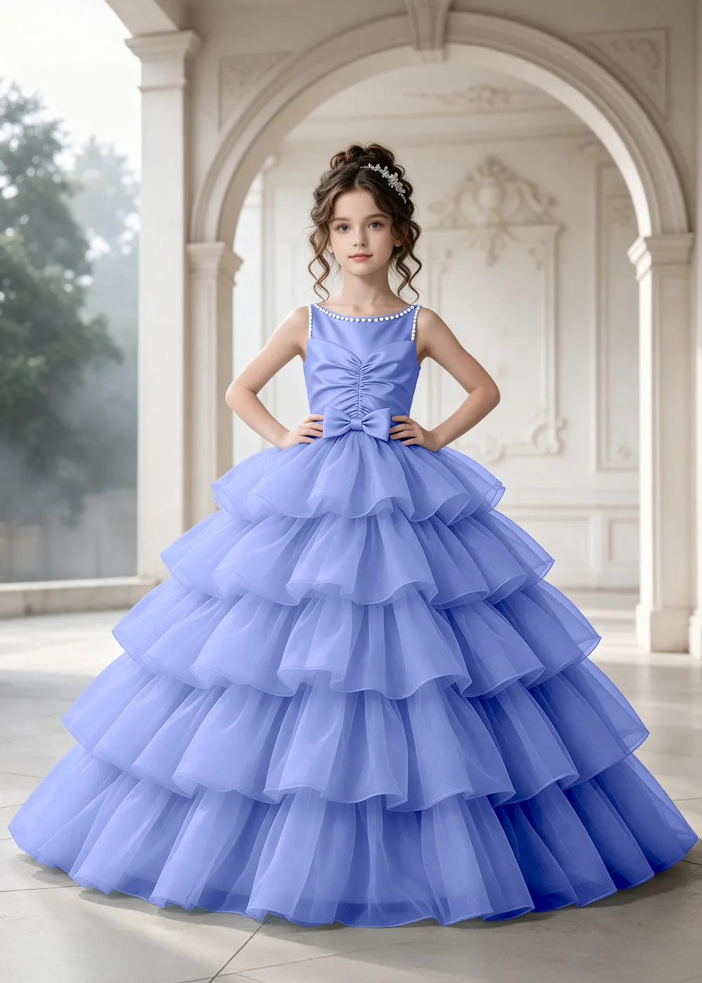 Flower girl dress in Periwinkle, front view.