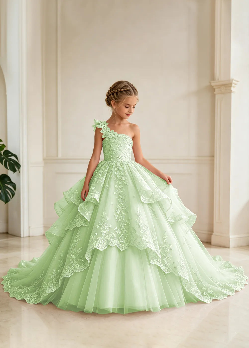 Floral Strap Tiered Lace Flower Girl Ball Gown Dress