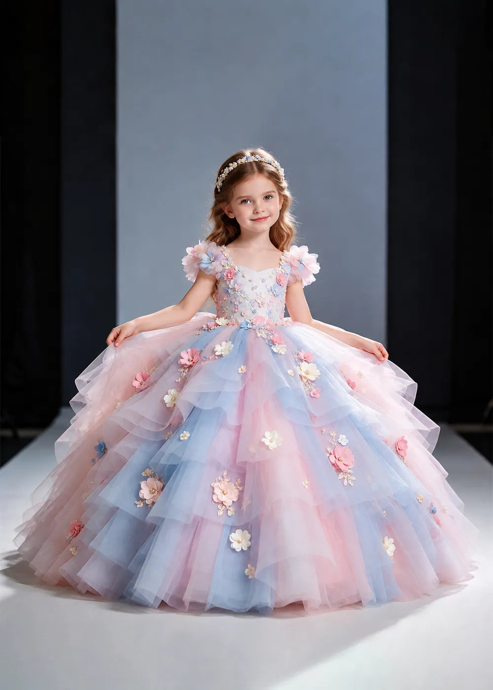 Pink and Blue Flower Girl Ball Gown with Floral Tiers