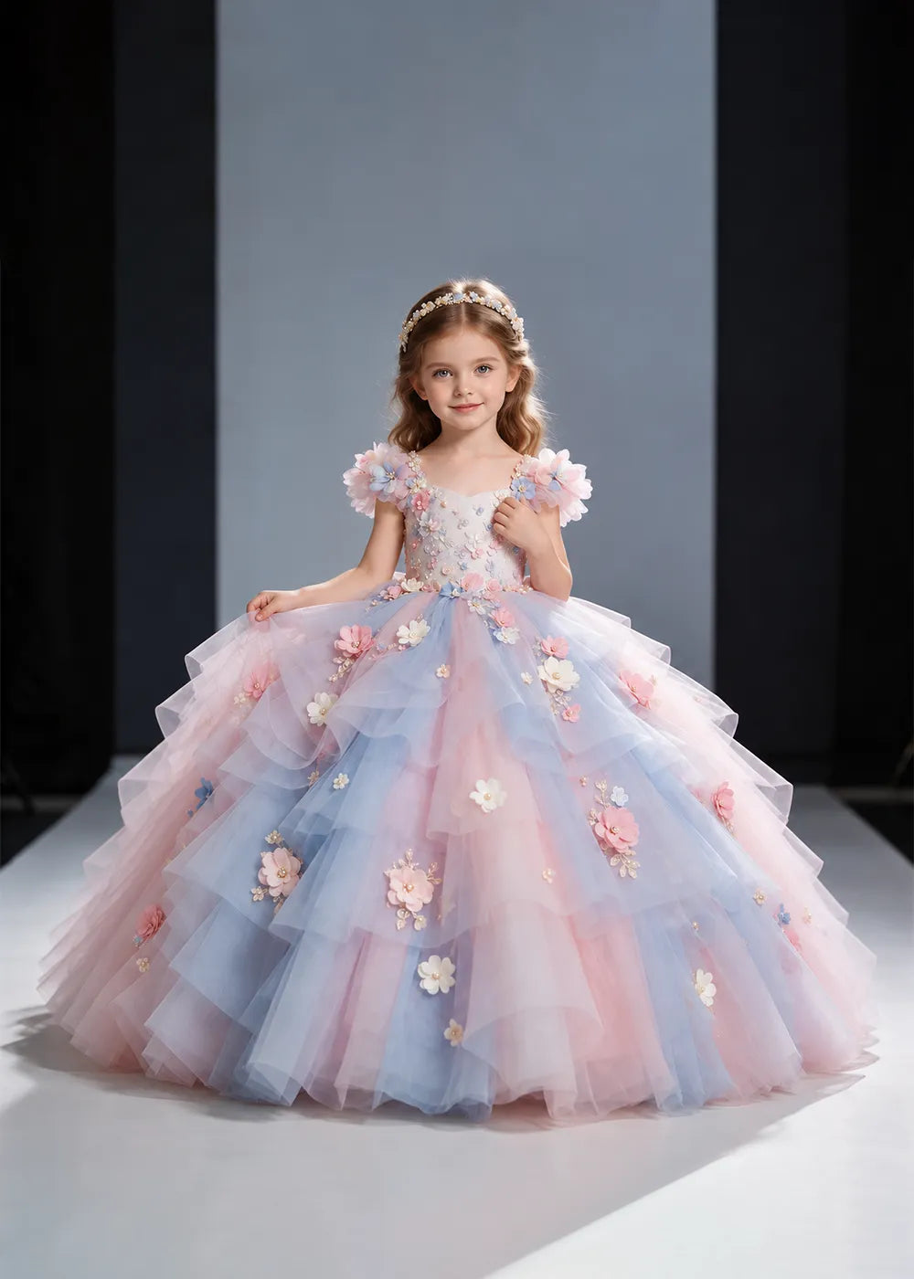 Pink and Blue Flower Girl Ball Gown with Floral Tiers