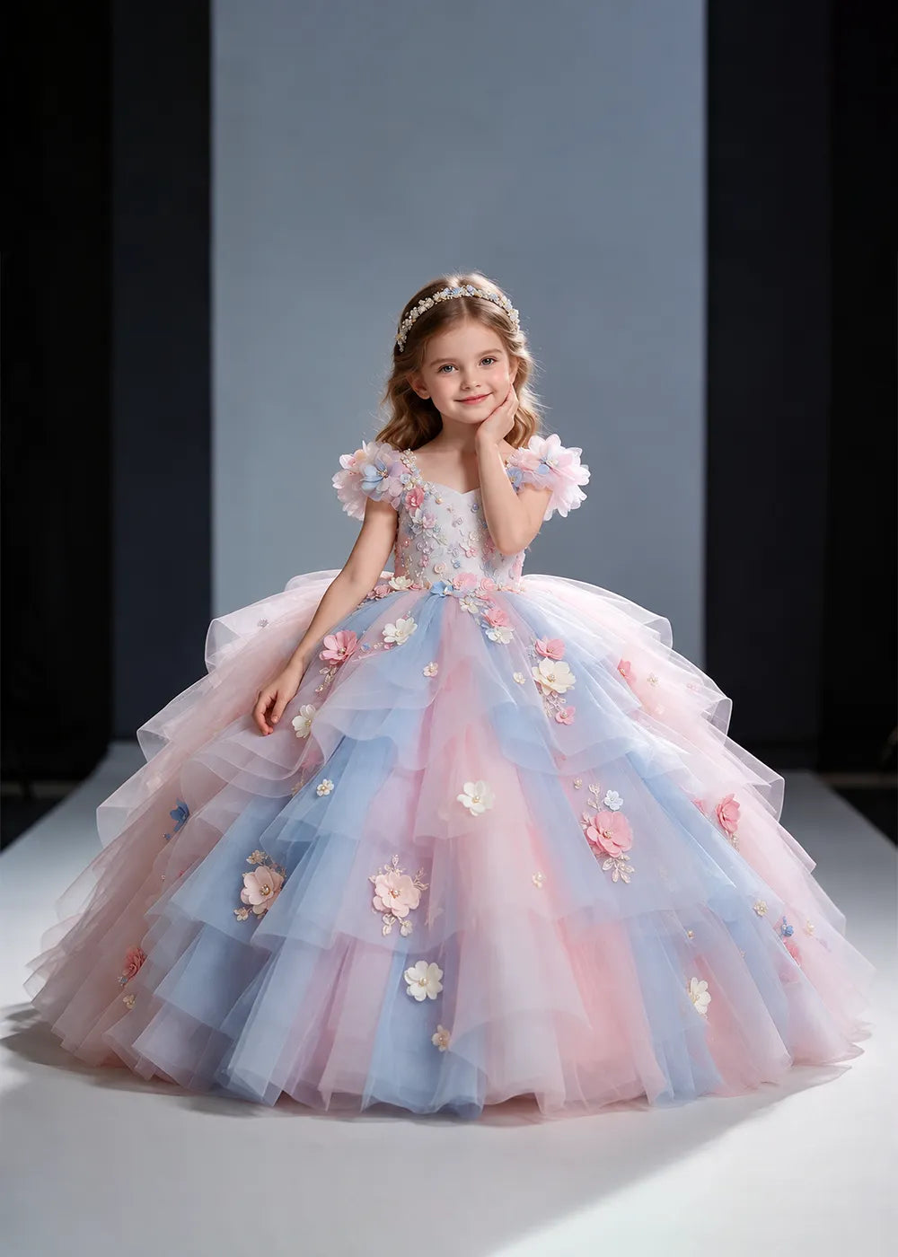 Pink and Blue Flower Girl Ball Gown with Floral Tiers