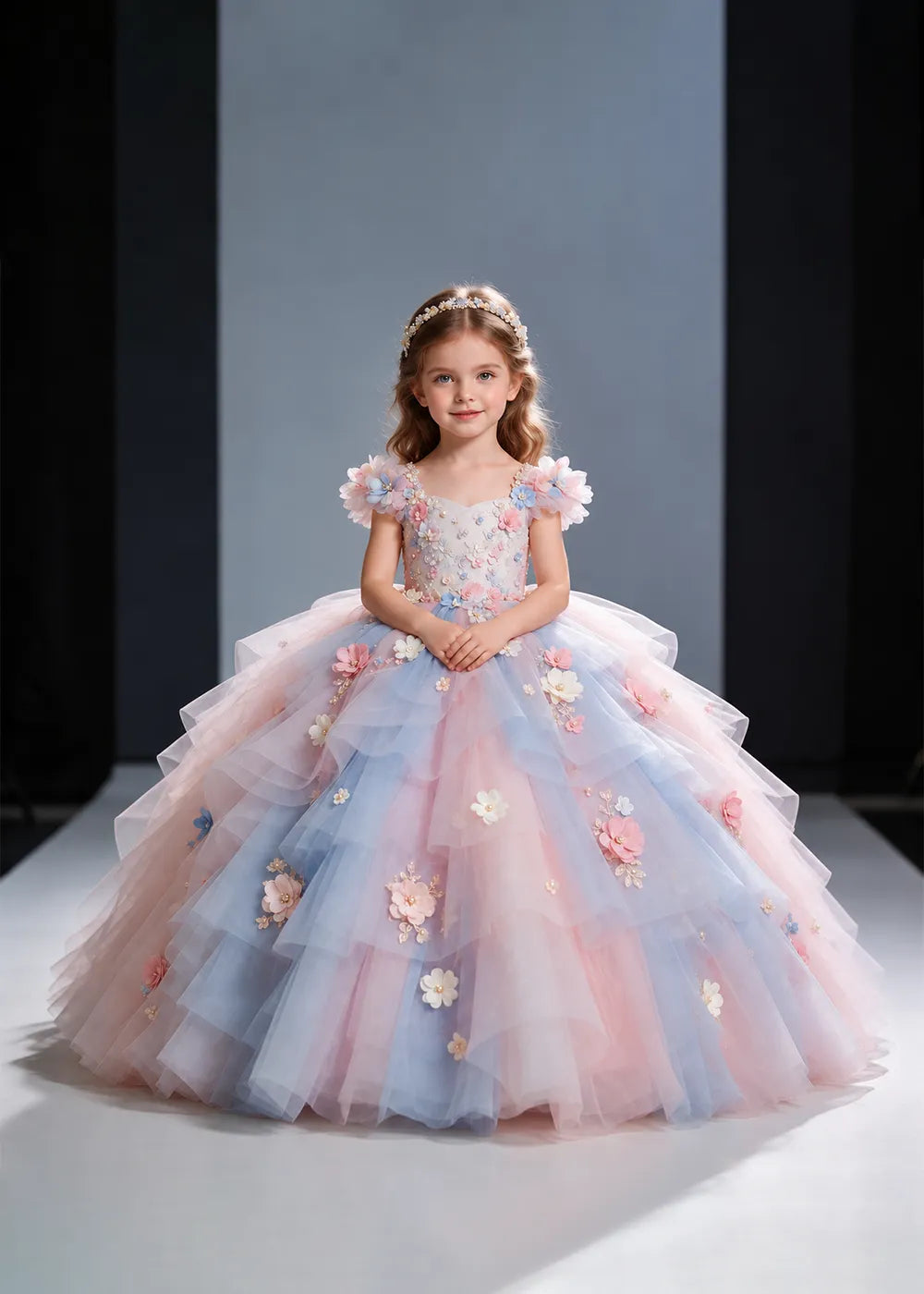 Pink and Blue Flower Girl Ball Gown with Floral Tiers