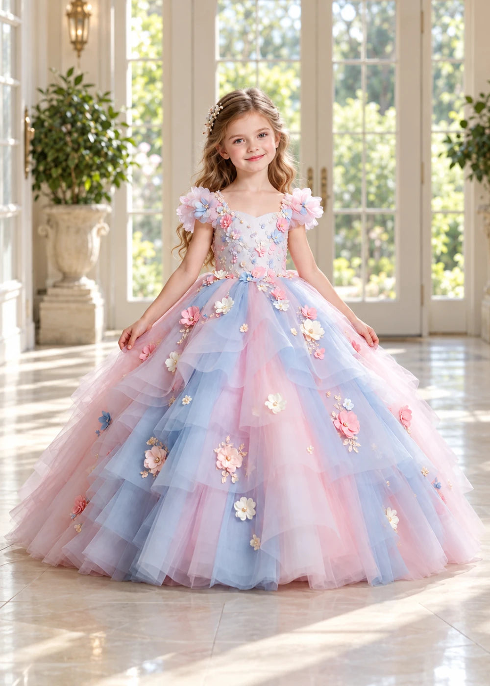 Pink and Blue Flower Girl Ball Gown with Floral Tiers
