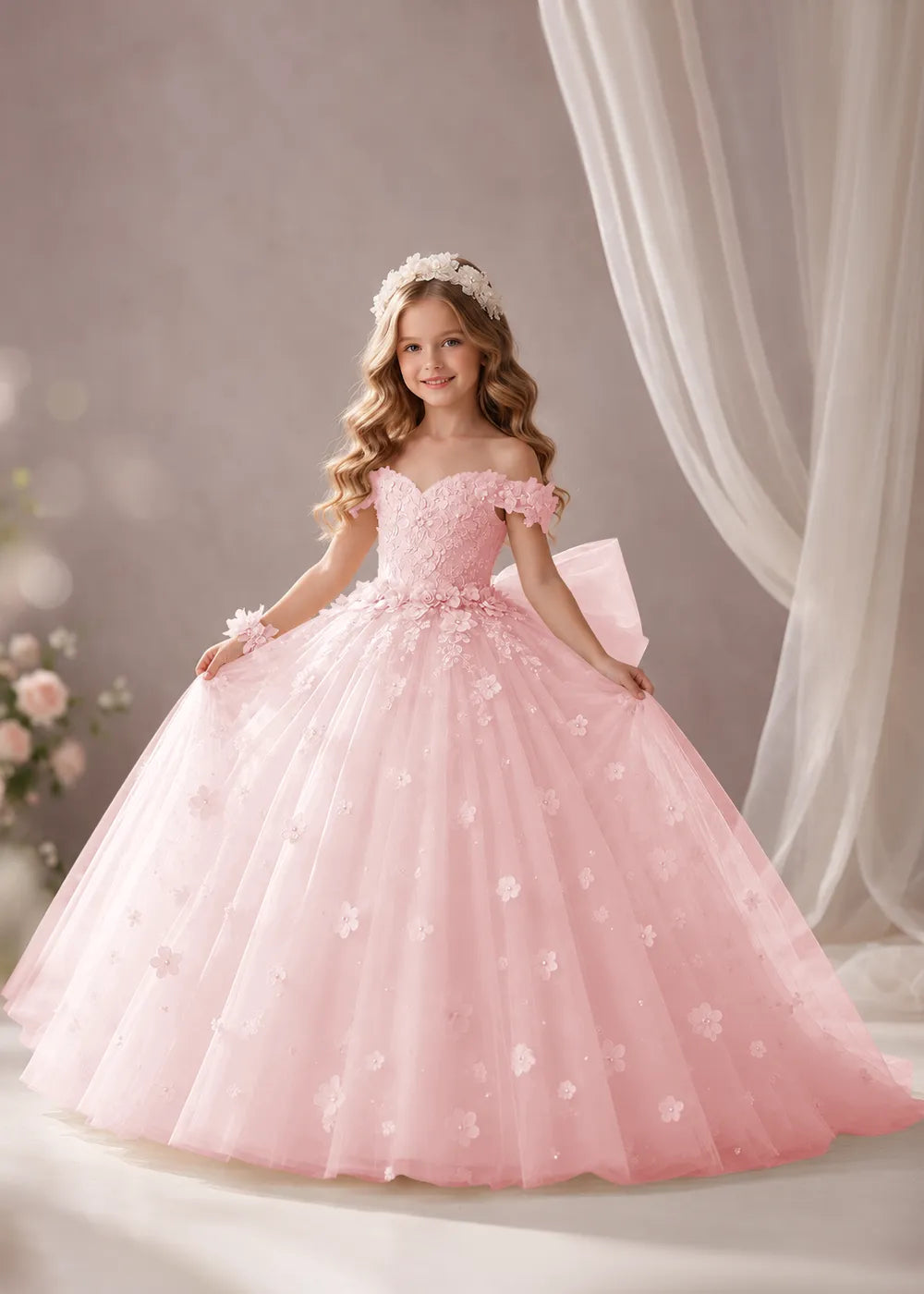 Pink Flower Girl Dress with Floral Appliques and a Full Skirt