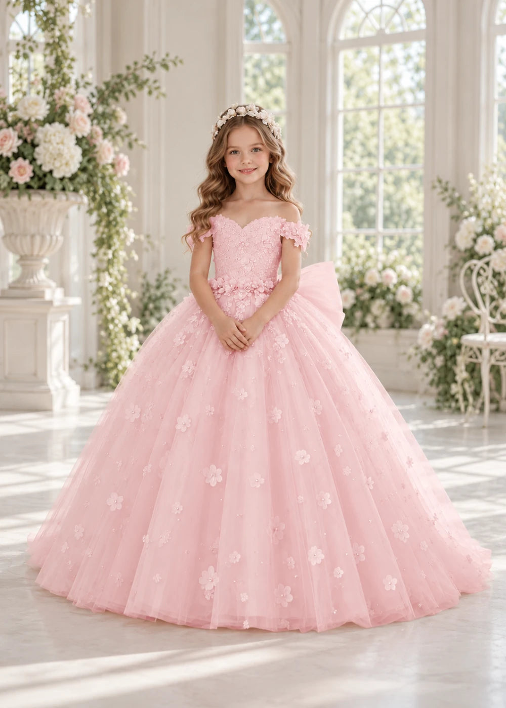 Pink Flower Girl Dress with Floral Appliques and a Full Skirt
