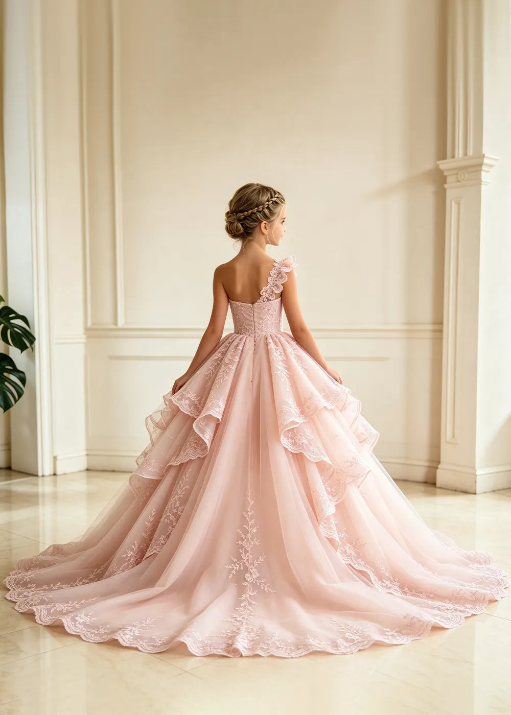 Floral Strap Tiered Lace Flower Girl Ball Gown Dress
