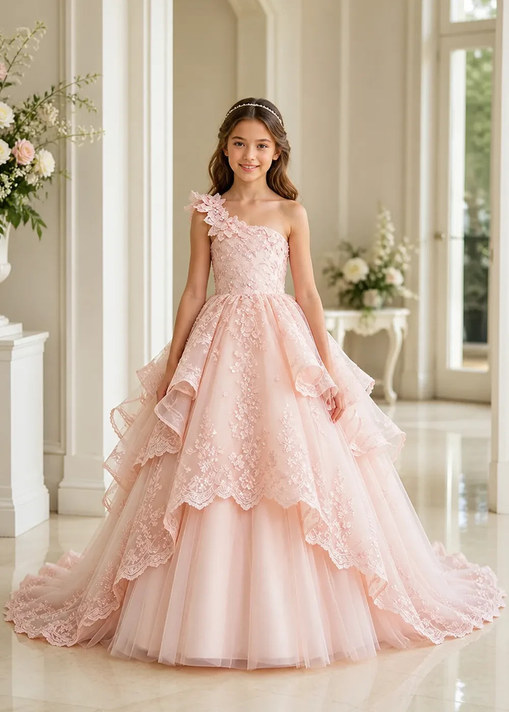 Floral Strap Tiered Lace Flower Girl Ball Gown Dress