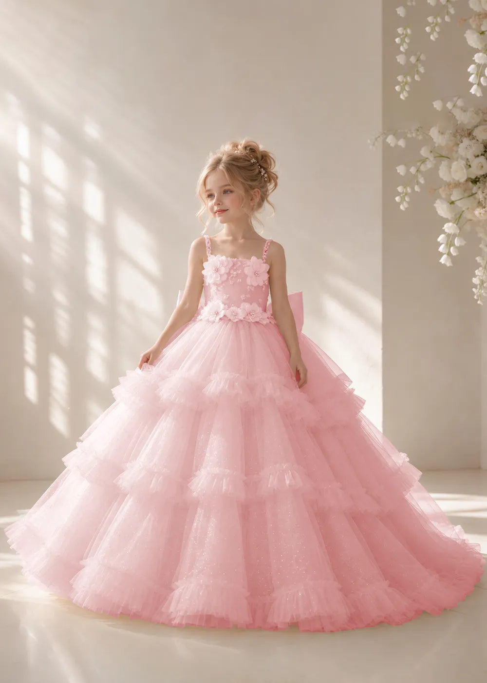 Front view of a child wearing a pink flower girl dress with beaded spaghetti straps, a bodice covered in three-dimensional fabric flowers and a multi-tiered tulle skirt.