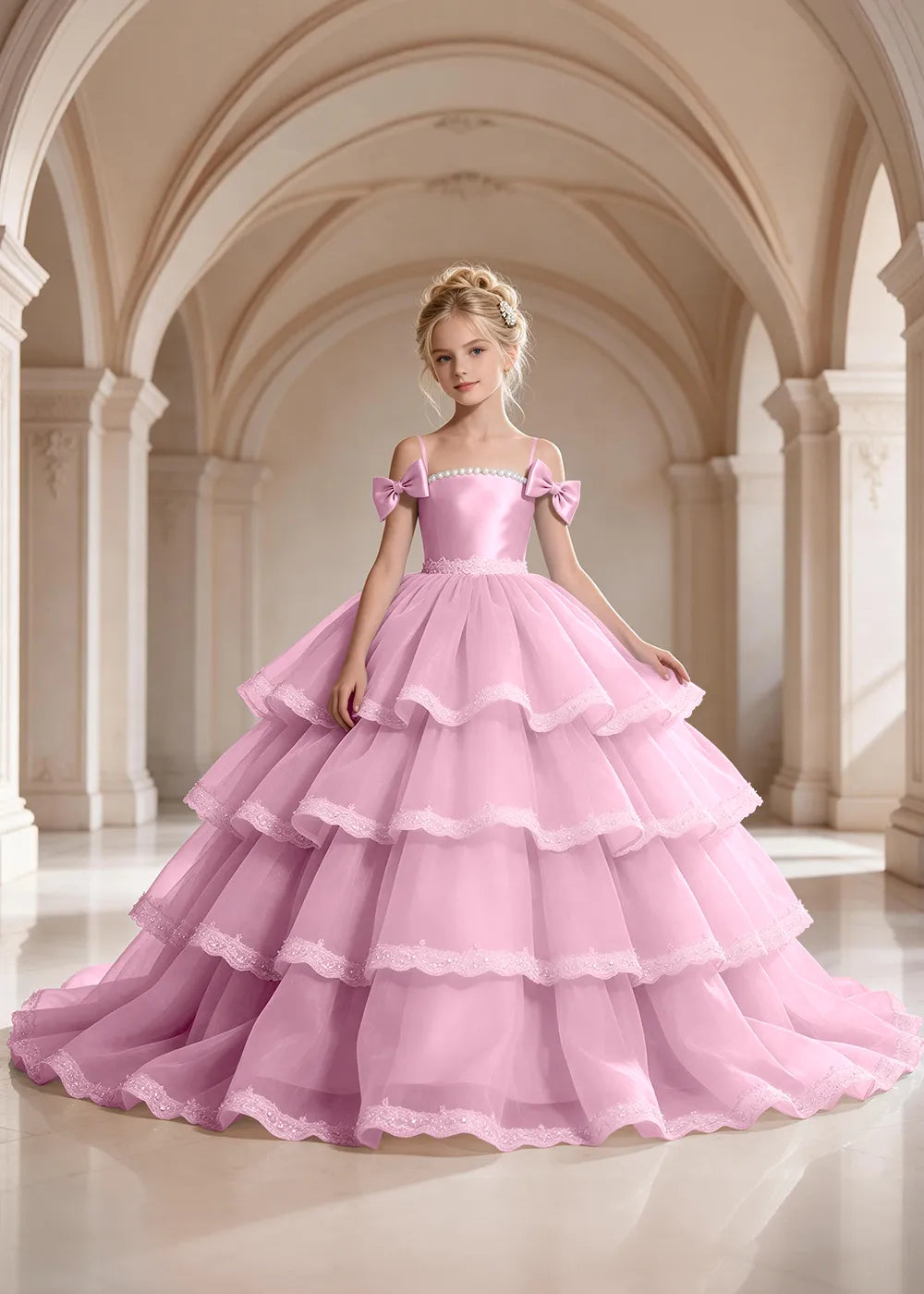 Light Blue Four-Tier Bow-Shoulder Flower Girl Dress