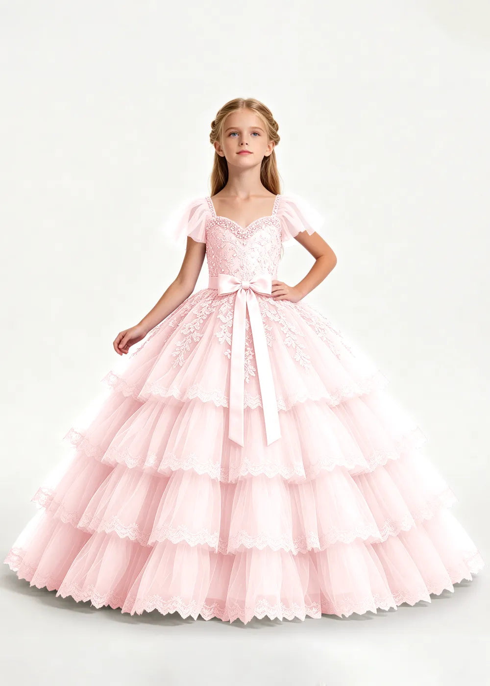 Pale Lavender Four-Tier Flower Girl Gown with Front Bow