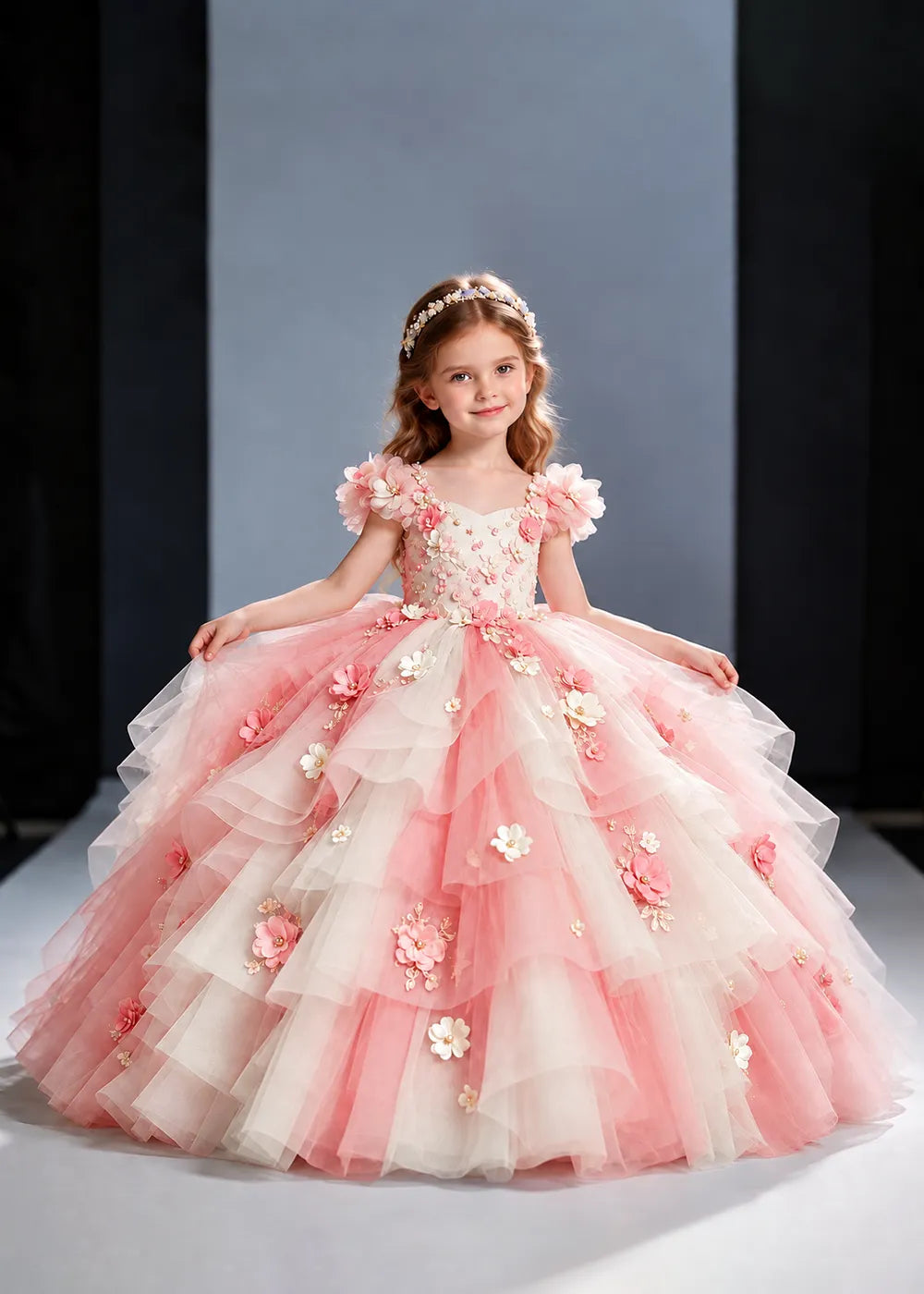 Pink and Blue Flower Girl Ball Gown with Floral Tiers