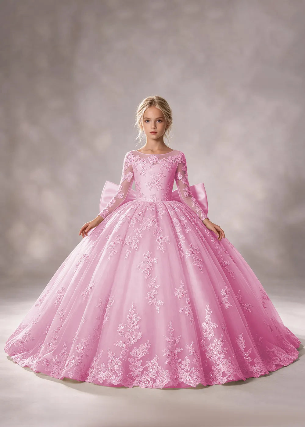 Flower girl dress in Pink, front view.