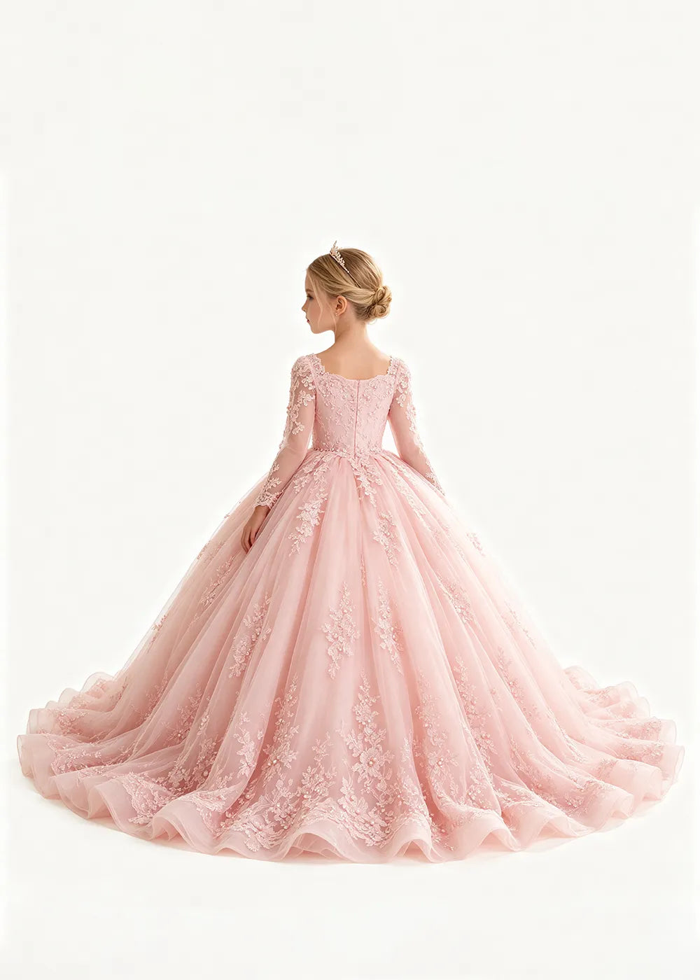 Flower Girl Dress with Long Lace Sleeves and Train
