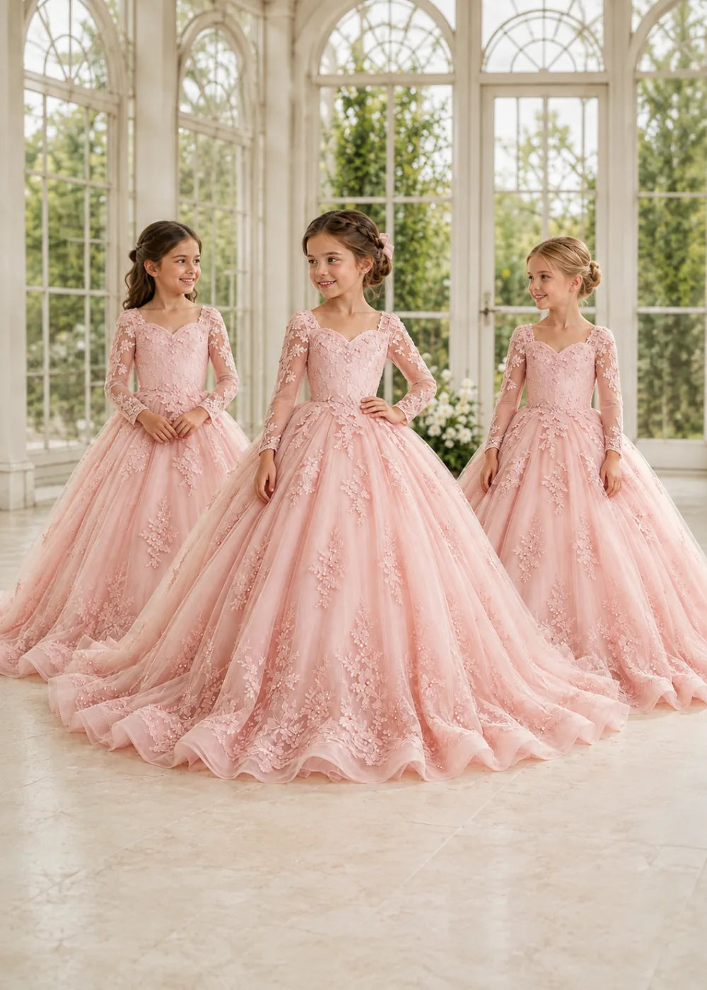 Flower Girl Dress with Long Lace Sleeves and Train